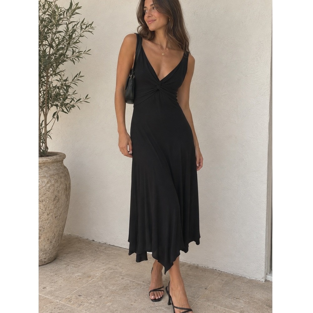 Vintage B Darlin Black Midi Dress Twist Front V-Neck Cocktail 90s Whimsigoth 3